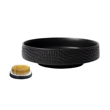 Imagem de Pires de plantas Bandeja de cerâmica para arranjos florais com padrão martelo, pires e kenzan para mesa(Preto)