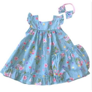 Imagem de Vestido Bebê Infantil Menina Florido com Calcinha e Tiara 100 Algodão 