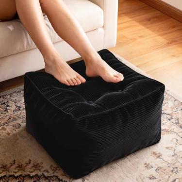 Imagem de Kinevoli Pufe quadrado de veludo cotelê, banquinho macio e macio com enchimento de pedaços de espuma, pufe de chão e pufe de armazenamento para sala de estar, 55 x 55 x 35 cm, preto
