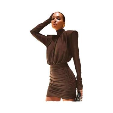 Imagem de Vestido Mini Elegante Com Gola Alta E Ombros Almofadados Para Mulheres