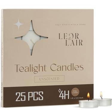 Imagem de Leor & Lair Pacote com 25 velas para luzes de chá – Vela de 4 horas de queima longa – Mistura de cera de palma de parafina, pavio de algodão – Velas pequenas para decoração de casa, spa, meditação