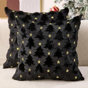 Imagem de Allorry Capas de almofada de Natal 45,7 x 45,72 cm conjunto de 2 capas de almofada pretas de árvore de Natal decorações de pelúcia pele sintética capa de almofada macia para inverno, Natal, férias