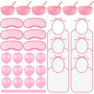 Imagem de Cuffbow Conjunto de 34 peças de jogos de chá de bebê rosa inclui babadores de máscara de olho tigela de plástico colher e balão para jogos de chá de bebê vendados revelação de gênero suprimentos de
