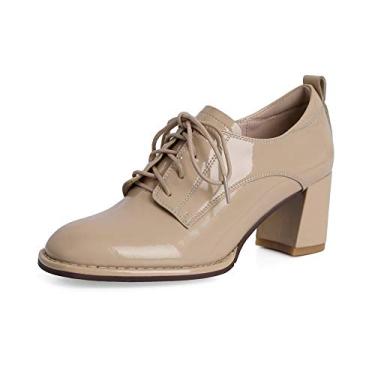 Imagem de TinaCus Sapato Oxford casual feminino de couro envernizado feito à mão com bico redondo selftie salto médio grosso, Damasco, 8