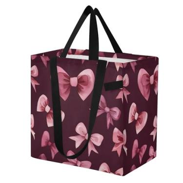 Imagem de SEHANY Sacolas de compras reutilizáveis com laço rosa fofo com alças reforçadas, bolsa de compras de lona dobrável à prova d'água de grande capacidade para viagem, cozinha, praia