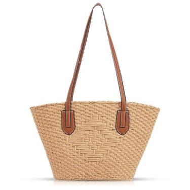 Imagem de QTKJ Sacola feminina, bolsa de praia de verão, bolsas tecidas à mão de grande capacidade, couro costurado, bolsa de ombro de palha adequada para férias e viagens diárias (cáqui)