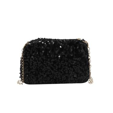 Imagem de AMPOSSTO Bolsa tiracolo de lantejoulas com glitter para mulheres e meninas, bolsa clutch brilhante para noite com alça de corrente para festa no clube, Preto (corrente dourada), One Size