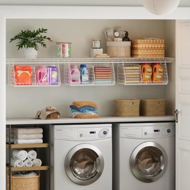 Imagem de Organizador de cesto de roupa suja extra longo sob a prateleira de 60 cm, pacote com 3 organizadores de lavanderia que economizam espaço, serve para prateleiras de arame (diâmetro da haste < 1 cm