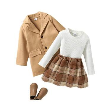 Imagem de Conjunto De 4 Peças Para Crianças: Casaco De Lã, Blusa, Saia Xadrez E 