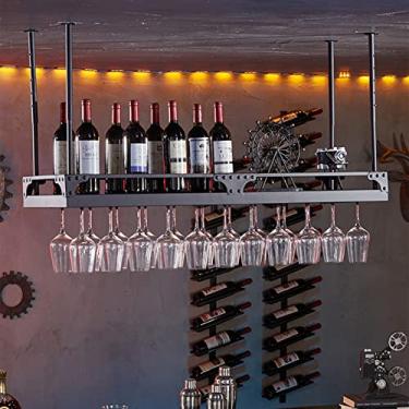 Imagem de Rack de vinho, suporte de garrafa de vinho suspenso | Organizador flutuante de rack de vinho montado no teto | Prateleira de armazenamento de metal Balck Taças de exibição de taças para bar de cozinha