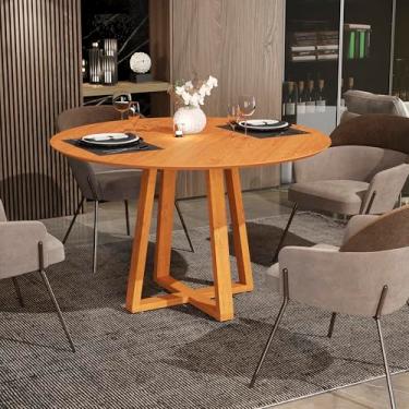 Imagem de Mesa de Jantar Redonda Diamante 90 cm, Tampo MDF com Pintura UV, Pés em Madeira Maciça, Base Cruzada, Altura 74 cm, Design Moderno (Freijó/Freijó)