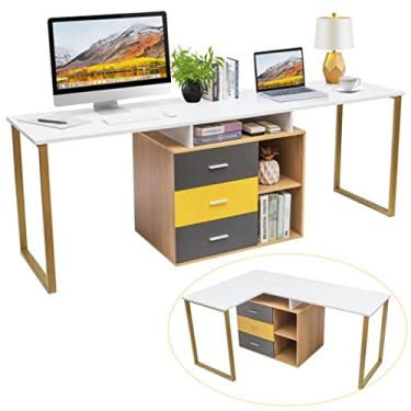 Imagem de U5GAAALPPQ9 Mesa de computador de 87 polegadas para duas pessoas ajustável em forma de L com prateleiras e gavetas (D 87 x 21,5 x 76 cm)