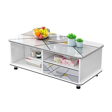 Imagem de U5GAAALPPQ9 Mesa de centro oblonga, prateleira para sala de estar e sala de estar com 4 bases de colunas, vidro temperado e lençol ecológico E (padrão escalonado de linha)