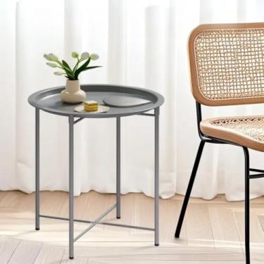 Imagem de Mesinha Lateral Redonda para Sala 47x47x50cm - Pés de Metal com Bandeja Removível, Prática para Apoio em Cantos e Sofá (Cinza)