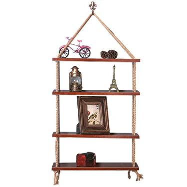 Imagem de Prateleiras flutuantes prateleira de parede de 4 camadas com placa de madeira e corda de cânhamo ajustável usada para estante de armazenamento/estante/moldura de decoração suspensa |marrom e branco