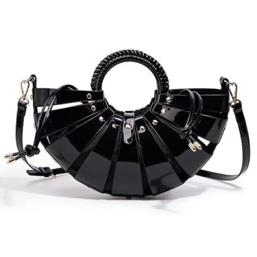 Imagem de louceko Bolsa de ombro feminina de couro PU, vazada, transversal, alça de tecido, concha para ventilador, cesta de vegetais, bolsa de mão, Preto, Medium