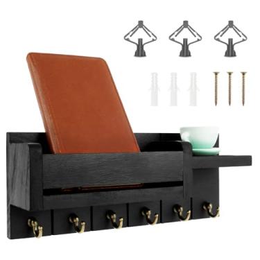 Imagem de MABCIRY Porta-chaves para parede, organizador de correio de madeira com 6 ganchos, suporte decorativo de parede para chaveiro, 3 áreas de função cabide para chave com prateleira para sala de estar