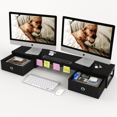 Imagem de Suporte para monitor duplo com 2 gavetas – Suporte grande para 2 monitores, organizador de mesa de madeira perfeito para mesa de escritório em casa, computador, laptop, TV, preto