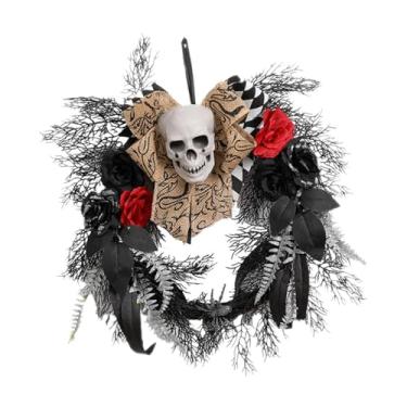 Imagem de UGPLM Guirlanda Artificial de Caveira para Porta de Halloween, Decoração Assustadora com Caveira de Flores.