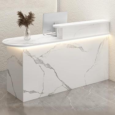 Imagem de Mesa de recepção frontal de luz LED moderna com gaveta e armário de armazenamento - ideal para salão, loja ou escritório (branco, 130 x 55 x 100 cm)