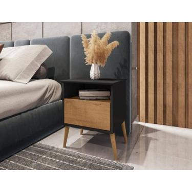 Imagem de Mesa de Cabeceira Cancun Quarto Pés Madeira Maciça 1 Gaveta preto/natu