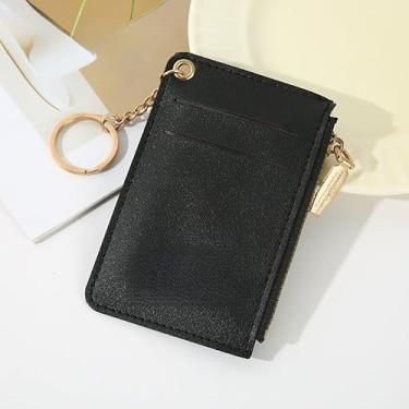 Imagem de Carteira pequena feminina de couro fina com porta-cartões e porta-moedas com chaveiro, Preto