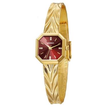 Imagem de BERNY Relógios vintage dourados para mulheres, relógio de pulso feminino octogonal delicado, relógios analógicos femininos de quartzo para pulsos pequenos, à prova d'água, todos de aço inoxidável