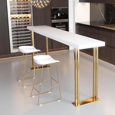Imagem de Mesa de bar de altura de balcão industrial - Mesa de jantar de cozinha retangular de madeira maciça com base de metal, design de cavalete moderno, perfeito para cozinha ou espaço de café