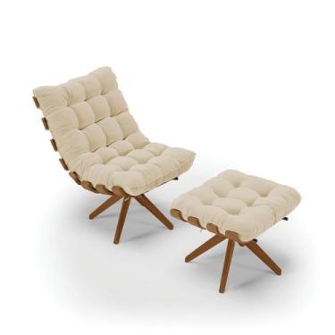 Imagem de Kit 01 Poltrona e 01 Puff Giratório Costela Linho Areia A27 Base Madei