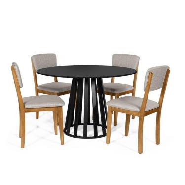Imagem de Mesa De Jantar Redonda Gabi Preta Com 4 Cadeiras Estofadas Ella Cinza Claro