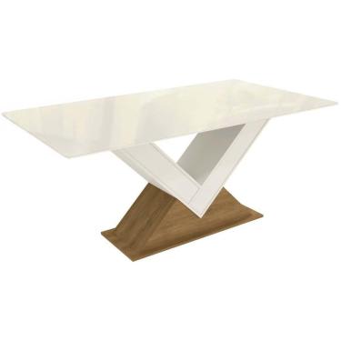 Imagem de Mesa de Sala Jantar Amora + Tampo Madeirado c/ Vidro 160x90cm Freijó/Off White - Kappesberg