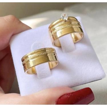 Imagem de PAR DE ALIANÇAS + anel solitário 2 friso 8mm  18k casamento/noivado - 