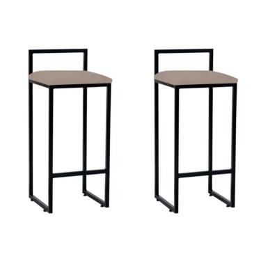 Imagem de Kit 2 Banquetas Altas Industriais Bar Cozinha Balcão em Aço Dori Preto Assento Suede Bege