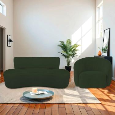 Imagem de Kit Sofá Conjunto Amsterdã Amore 200cm Verde Linho com Recamier Curvo e Poltrona Luxo Sala