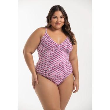 Imagem de Maiô Alças Fixas Estampado Sem Bojo Plus Size - Cor De Cacau, 48, Geom