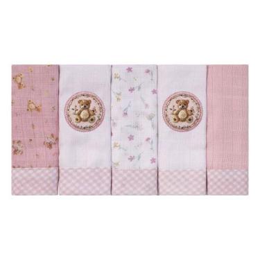 Imagem de PANO DE BOCA BABY JOY ESTAMPADO LUXO cor: bege - INCOMFRAL, ursa rosa