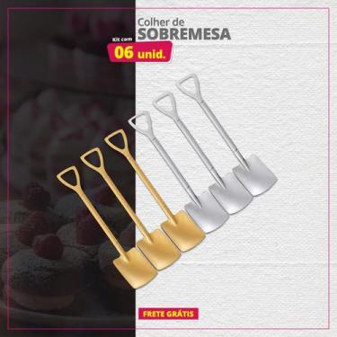 Imagem de Kit 06 Colheres de Sobremesa Inox Pá Quadrada - Genérica, Dourado e Pr