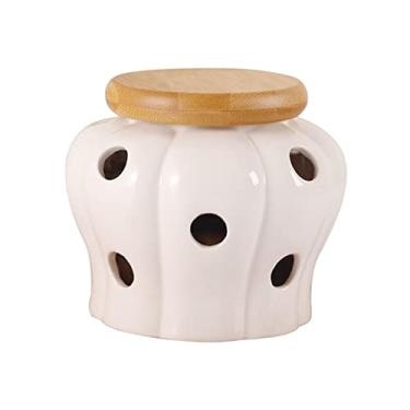 Imagem de Gazechimp Garlic Keeper, Recipiente De Ventilado, Recipiente De Storage De Cerâmico Com De Bambu Recipiente Cerâmico Para Guardar Alho Para Bancada, Decoração De Cozinha De Fazenda Branco B