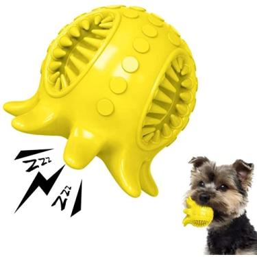 Imagem de Brinquedo para cães, bola de limpeza de dentes, polvo, bola alegre para cães, brinquedos mastigáveis com barulho, bola de distribuição de comida para cães pequenos/médios, quebra-cabeça interativo para filhotes (amarelo)