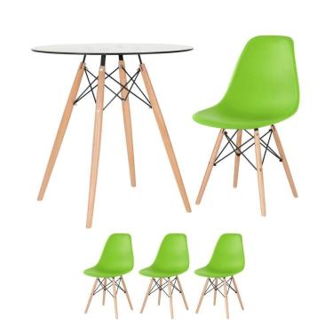 Imagem de Mesa Redonda Eames Com Tampo De Vidro 70 Cm + 3 Cadeiras Eiffel Dsw Verde Claro