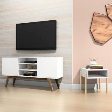 Imagem de Conjunto para Sala de Estar com Rack para TV até 65 Polegadas e Mesa Lateral Estilare Branco