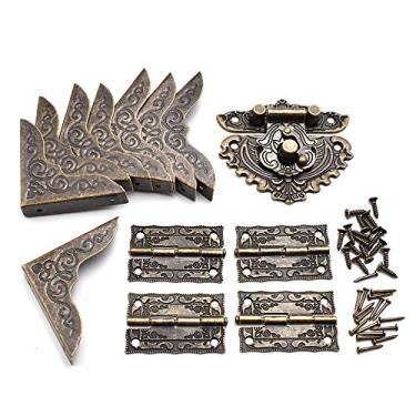 Imagem de Trinco antigo, em forma de coração, vintage, gravado, mini dobradiças e protetores de canto de caixa de bronze com parafusos correspondentes para reparo e caixa de joias decorativa