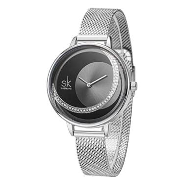 Imagem de SHENGKE Relógio feminino minimalista ultra fino com pulseira de couro fashion criativo à prova d'água, 14 - prata, Japonês