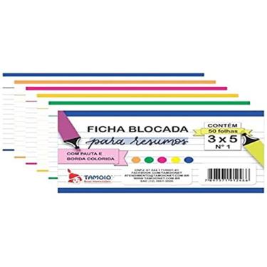 Imagem de Ficha Pautada, Tamoio, 3x5, Bordas Coloridas, 7,6x12,7 cm, 50 Folhas