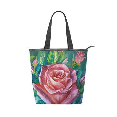Imagem de Bolsa feminina de lona durável vintage rosa grande capacidade sacola de compras bolsa de ombro