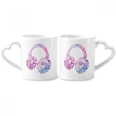 Imagem de Conjunto de canecas de porcelana para casais com fone de ouvido azul rosa com alça de coração