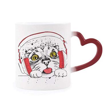 Imagem de Fone de ouvido vermelho branco gato protege animal amante de animais sensível ao calor caneca vermelha muda de cor grés copo