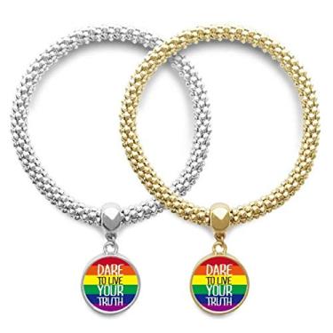 Imagem de DIYthinker Pulseira Live Your Truth LGBT com pingente de bandeira de arco-íris para presente