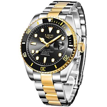 Imagem de LIGE Relógio masculino moderno à prova d'água de aço inoxidável com calendário casual, Dourado, preto