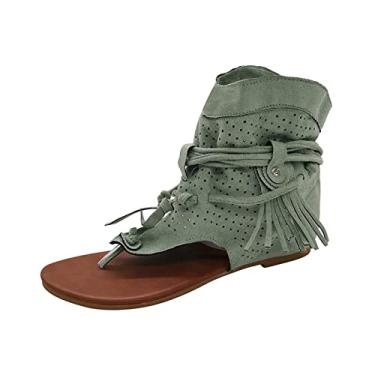 Imagem de Sapatos de praia femininos retrô boêmios com borla romana sandálias femininas sandálias de plataforma baixa para mulheres, Verde, 7.5